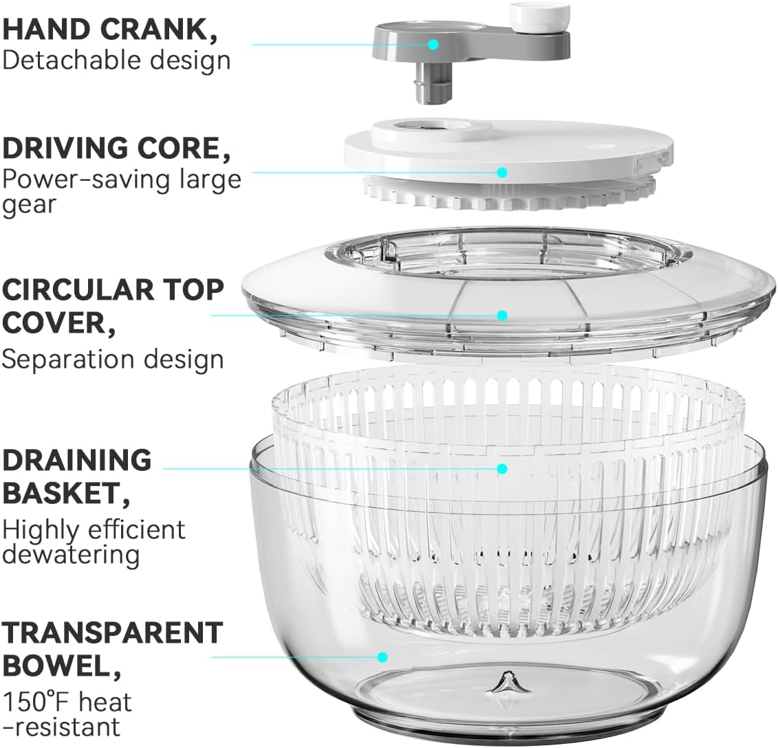 KEOUKE Manual Salad Spinner - Hand-Crank Vegetable & Lettuce Dryer for Washing, Spinning, and Draining Greens, Fruits, and Vegetables - Food-Grade Material, Easy-Clean Detachable Parts 4.2Qt.
