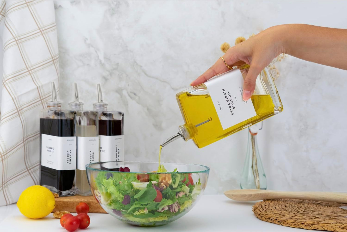 Molimoli Olive Oil Dispenser Bottle for Kitchen, Automatic Pourer, Glass Thin Bottle Dispenser for Kitchen, Olive Oil Cruet, | Set of 2 - Gold