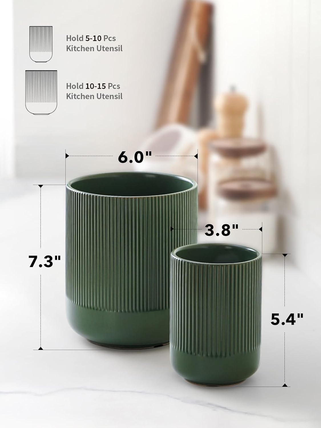 LE TAUCI Utensil Holder for Kitchen Counter, 7.3"+5.4" Fluted Ceramic Utensil Crock Organizer for Countertop, Heavy Large Holder for Spatulas, Spoons, Set of 2, White, Kitchen Counter Decor