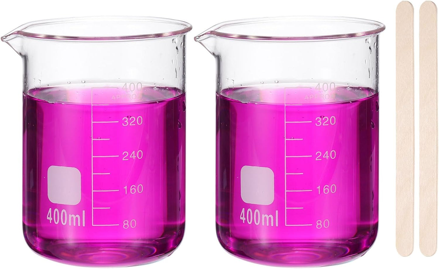PATIKIL 250ml Glass Beaker, 2 Pack Measuring Glass Beaker Graduated Borosilicate Lab Cups Mug Low Form Heat Safe Transparent with 50pcs Wood Sticks for Laboratory Science Kitchen Liquids
