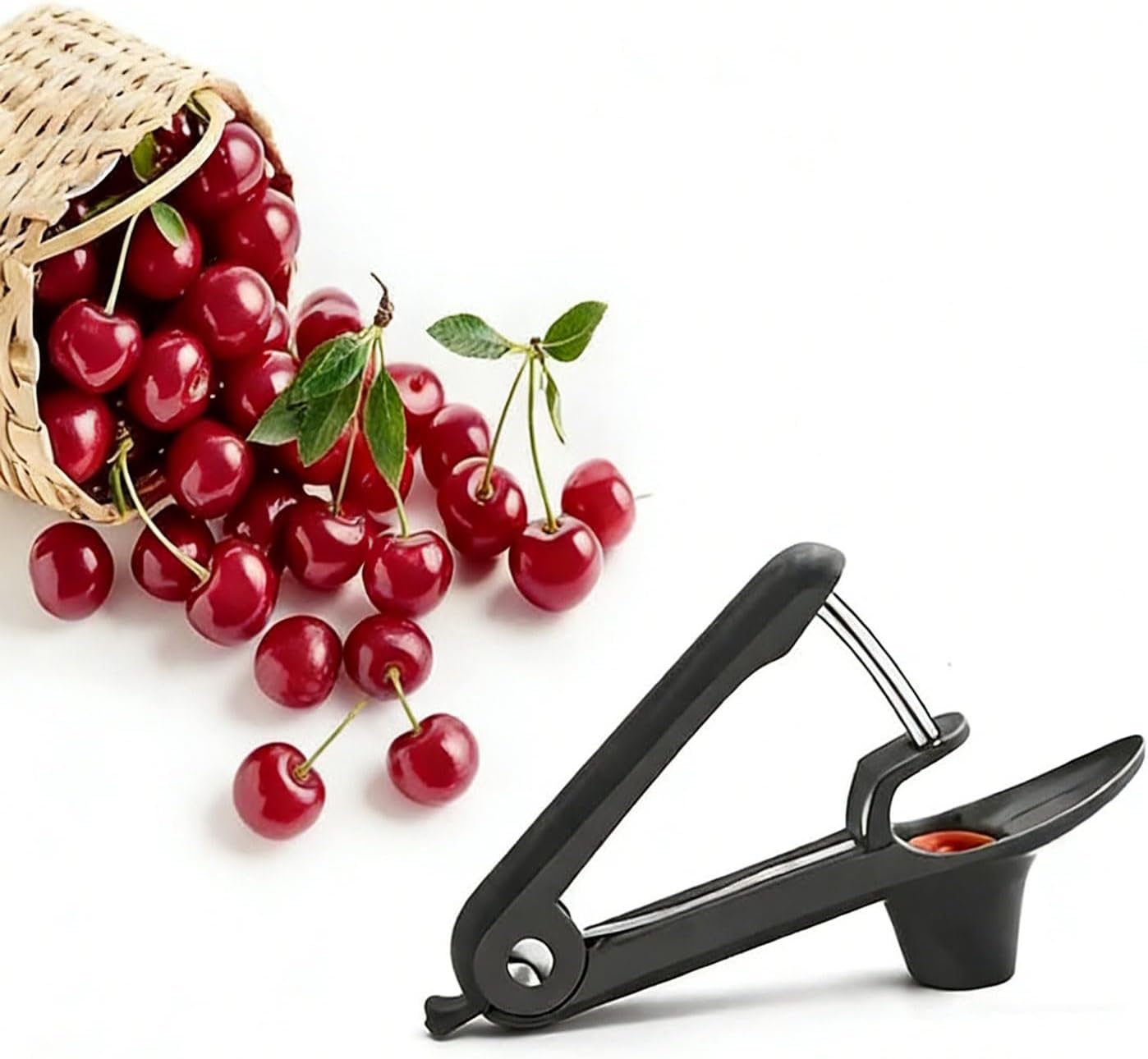 Cherry Olive Pitter Tool with Lock - Dishwasher Safe Single-Hand Operation Pit Remover for Easy Stone Removal & Juice Splatter Prevention