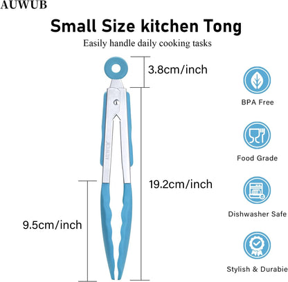 9+12 Inch Blue Salad Tongs 2-Piece Set, Silicone with 304 Stainless Steel Core & Non-Slip Grip, Kitchen Utensils for Grilling Salad
