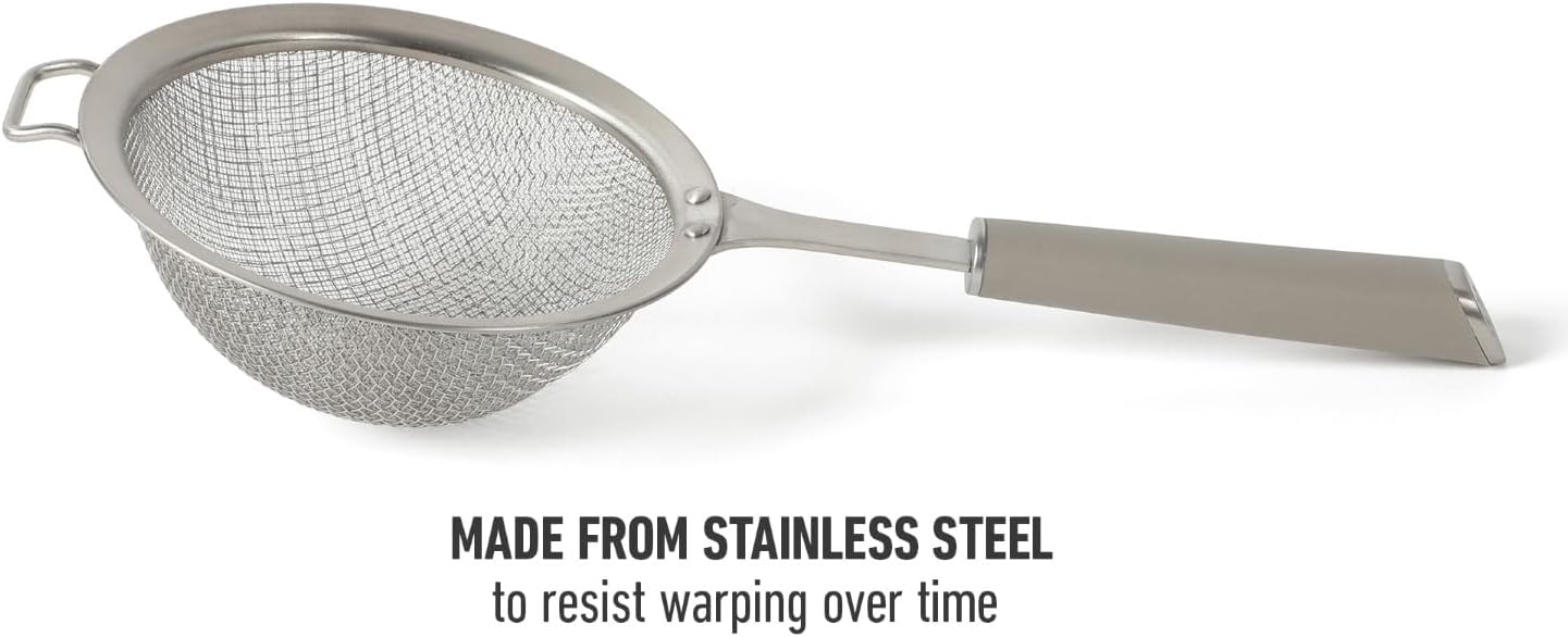 Calphalon Edge Stainless Steel Strainer, Fine Mesh Kitchen Colander Strainer with Thermoplastic Rubber Handle, Sifter for Rinsing, Draining & Straining Food, Navy