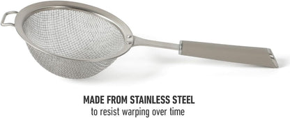 Calphalon Edge Stainless Steel Strainer, Fine Mesh Kitchen Colander Strainer with Thermoplastic Rubber Handle, Sifter for Rinsing, Draining & Straining Food, Navy