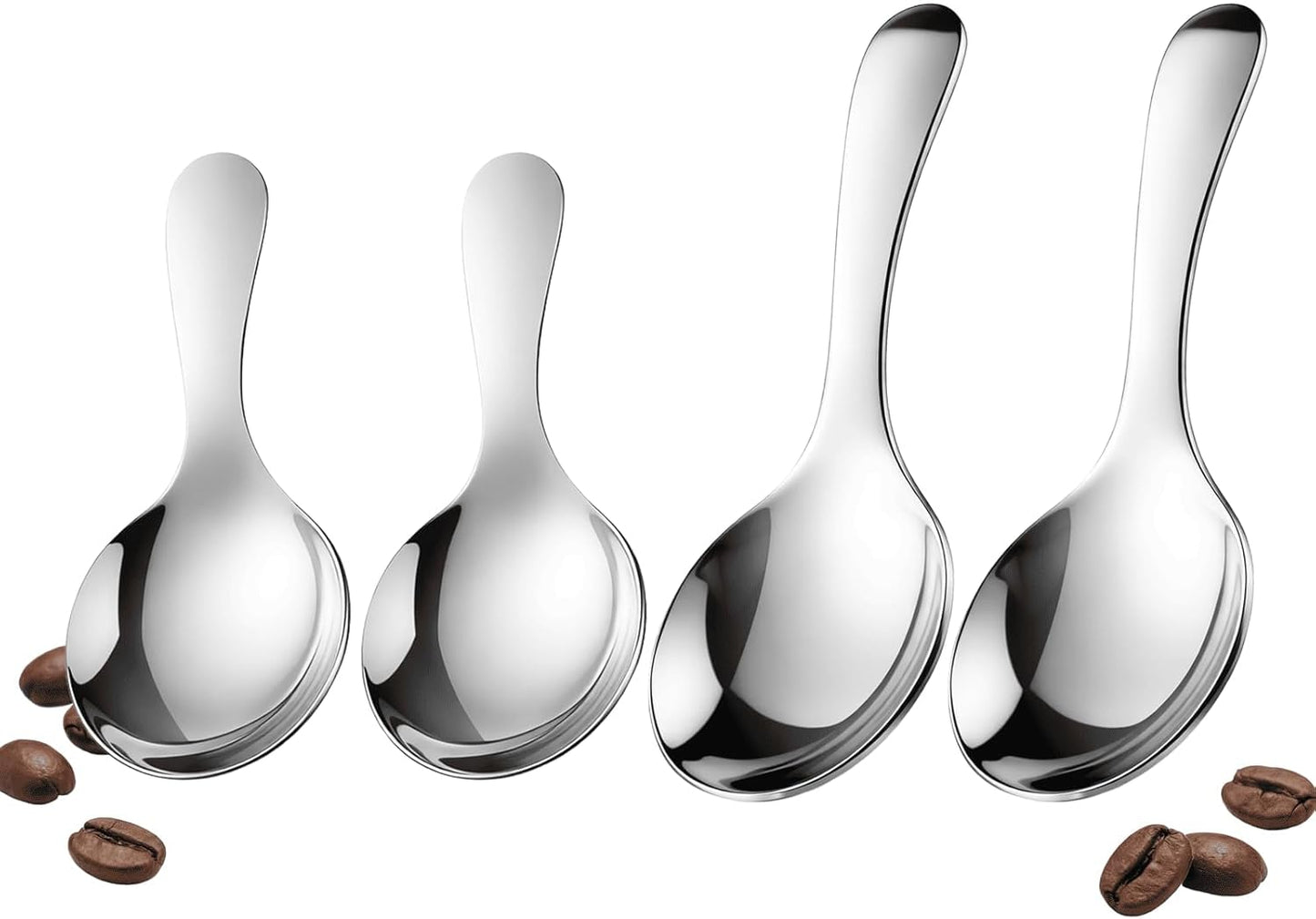 4 PCS Stainless Steel Coffee Scoop Set, Silver Thickened Small Round Spoon with Long and Short Handles For Salt Condiments Dessert Tea Coffee