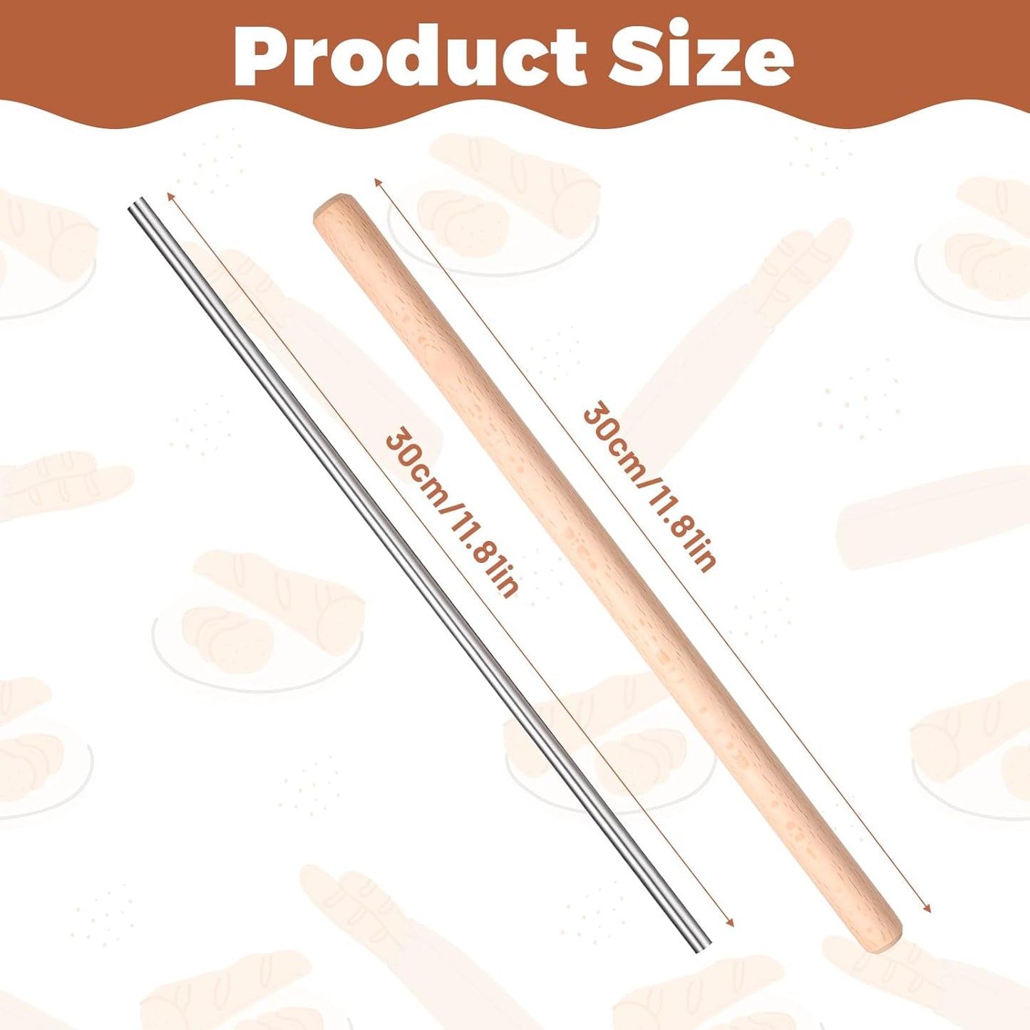 2 Pack Italian Rolling Pins Set 11.8-inch Wood Rolling Pin for Baking Stainless Steel Dough Roller for Making Pastas, Wontons, Dumplings, Pizza, Pie Crust, Fondant, Tortillas, Flat Bread(Diameter 0.6c