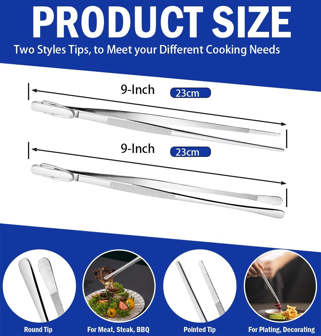 JETKONG 2 Pcs 12-Inch Kitchen Tweezers Fine Tweezer Tongs, Extra-Long Stainless Steel Cooking Tweezers (Silver)