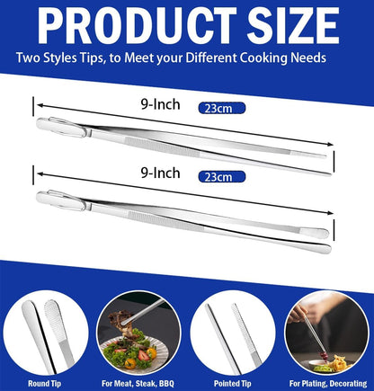 JETKONG 2 Pcs 12-Inch Kitchen Tweezers Fine Tweezer Tongs, Extra-Long Stainless Steel Cooking Tweezers (Silver)