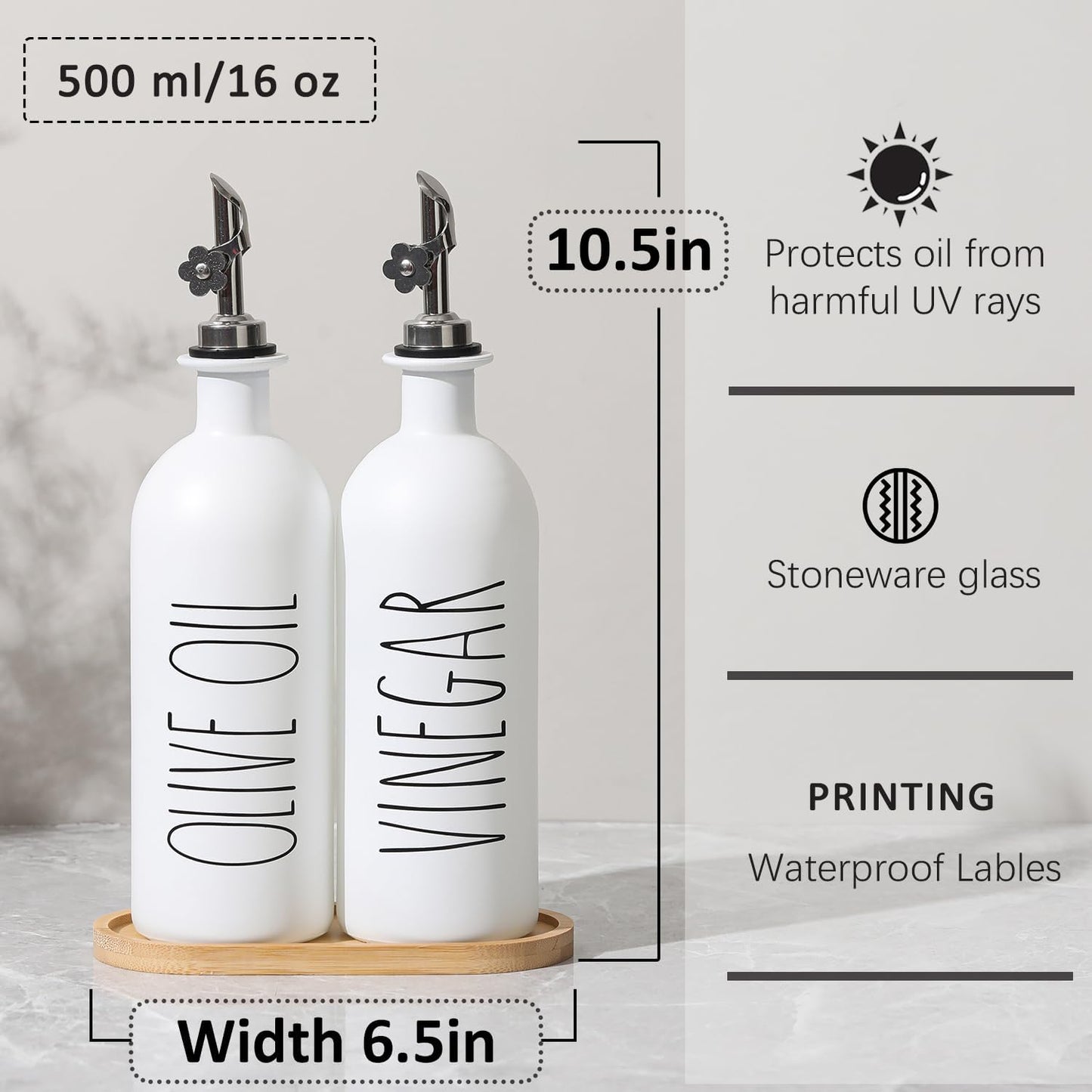 HOMCDALY Premium Olive Oil Dispenser for Kitchen, 11.8oz Glass Oil Bottles with Bamboo Tray, White and Gold Oil&Vinegar Cruet Set, Kitchen Dispenser Bottles with Pourer| Set of 2 (11.8oz –P–Gold)
