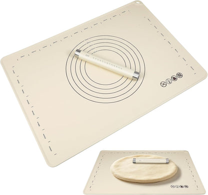 Silicone Baking Mat and Rolling Pin Set - Large Non-Slip Pastry Mat & Non Stick Dough Roller for Pizza, Pie, Pasta, Dough Cookies Baking Supplies Kitchen Accessories, 27.5x19.6inch