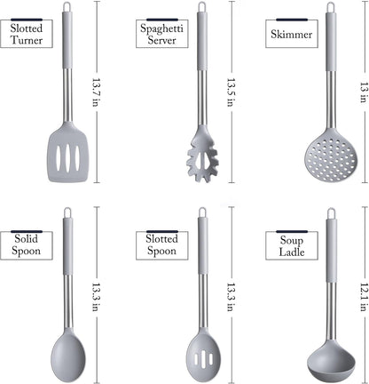 Silicone Kitchen Utensils Set 34 Pieces 450 °F Heat Resistant - Grey Cooking Utensils-Set for Nonstick Cookware - Silicone Spatulas Set, Stainless Steel Handle & Other Kitchen accessories