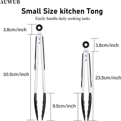 9+12 Inch Blue Salad Tongs 2-Piece Set, Silicone with 304 Stainless Steel Core & Non-Slip Grip, Kitchen Utensils for Grilling Salad