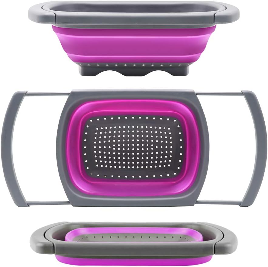 Qimh Colander Collapsible, Over The Sink Veggies/Fruit 6-Quart Strainers and Colanders with Extendable Handles, Folding Strainer for Kitchen