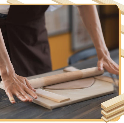 FairySandy 11 Pcs Pottery Teaching Rolling Mud Stick Guide and Wood Rolling Pin Set Include 10 Pcs 15.8 x 0.8 Inches Mudboard Guide and Clay Roller Tools for Manual Self Made Clay Gift Decoration