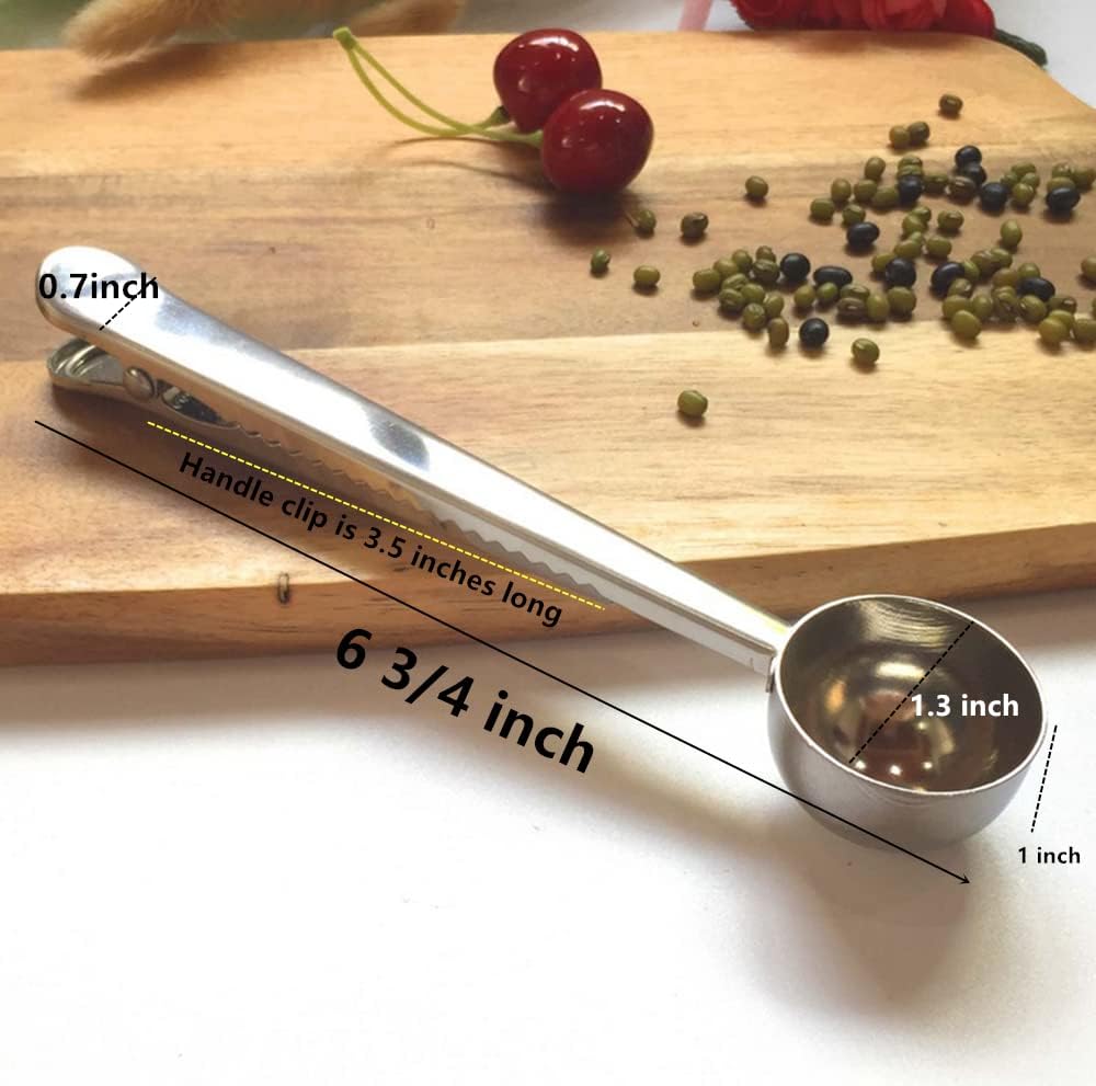 4 Pack Coffee Scoop Clip,6 3/4 inch Long Handle Coffee Measuring Spoon,15 ml Stainless Steel Scoop with Bag Clip for Coffee,Tea,Sugar,Flour,Protein Powder, Instant Drinks and More (4, Multicolor)
