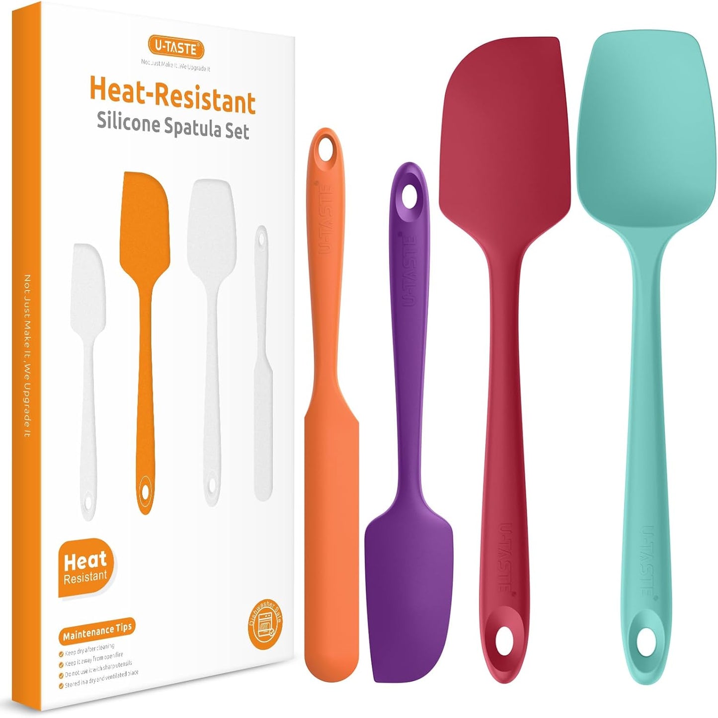 Heat Resistant Silicone Spatula Set: U-Taste 600ºF High Temp Seamless Food Grade Utensil, Flexible Rubber Silicon Kitchen Cooking Mixing Baking Scraper for Nonstick Cookware Set of 4 (Aqua Sky)