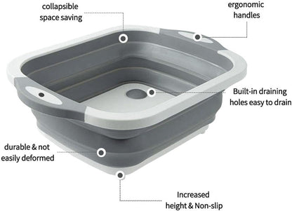 Collapsible Washing Bowl, Multi Function Bowl Drying Rack, Portable Cutting Board, Retractable Drain Washing Basket Basin Vegetable Fruit Tray for for Camping, Picnic, Kitchen