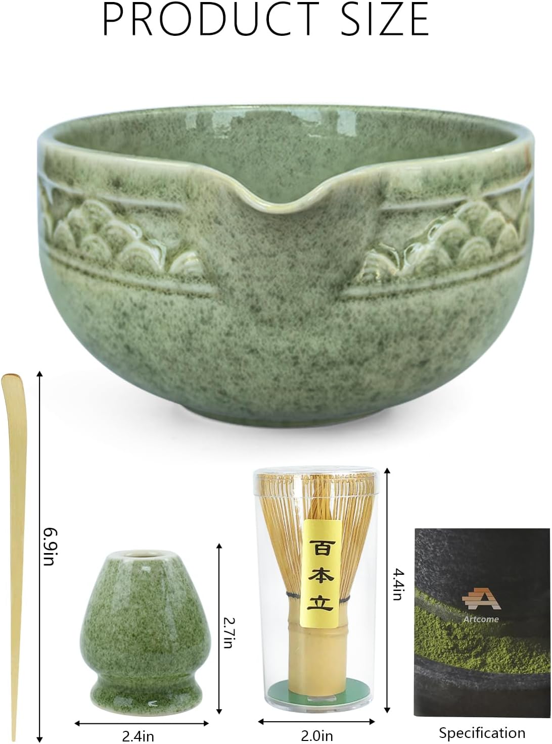 Artcome 4 Pcs Complete Matcha Ceremony Kit - Japanese Bowl With Pouring Spout, Whisk, Holder, Scoop - Tea Set for Making Usucha, Koicha and Latte (Green)