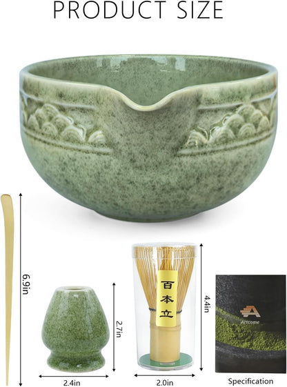 Artcome 4 Pcs Complete Matcha Ceremony Kit - Japanese Bowl With Pouring Spout, Whisk, Holder, Scoop - Tea Set for Making Usucha, Koicha and Latte (Green)