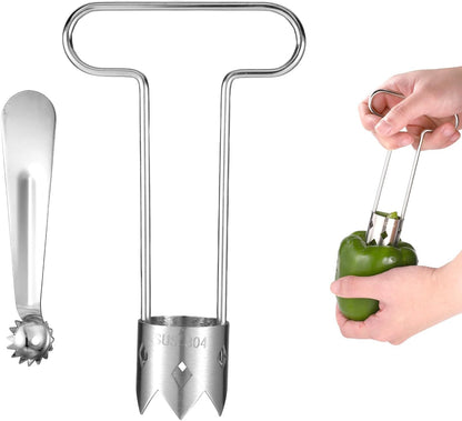 2pcs Red Bell Pepper Seed Corer Set, Stainless Steel T-Shape and Spoon-Shape Fruit Vegetable Stem Remover Practical Kitchen Gadget Tool for Pepper Pineapple Pear Apple Tomato Core Pit Remover