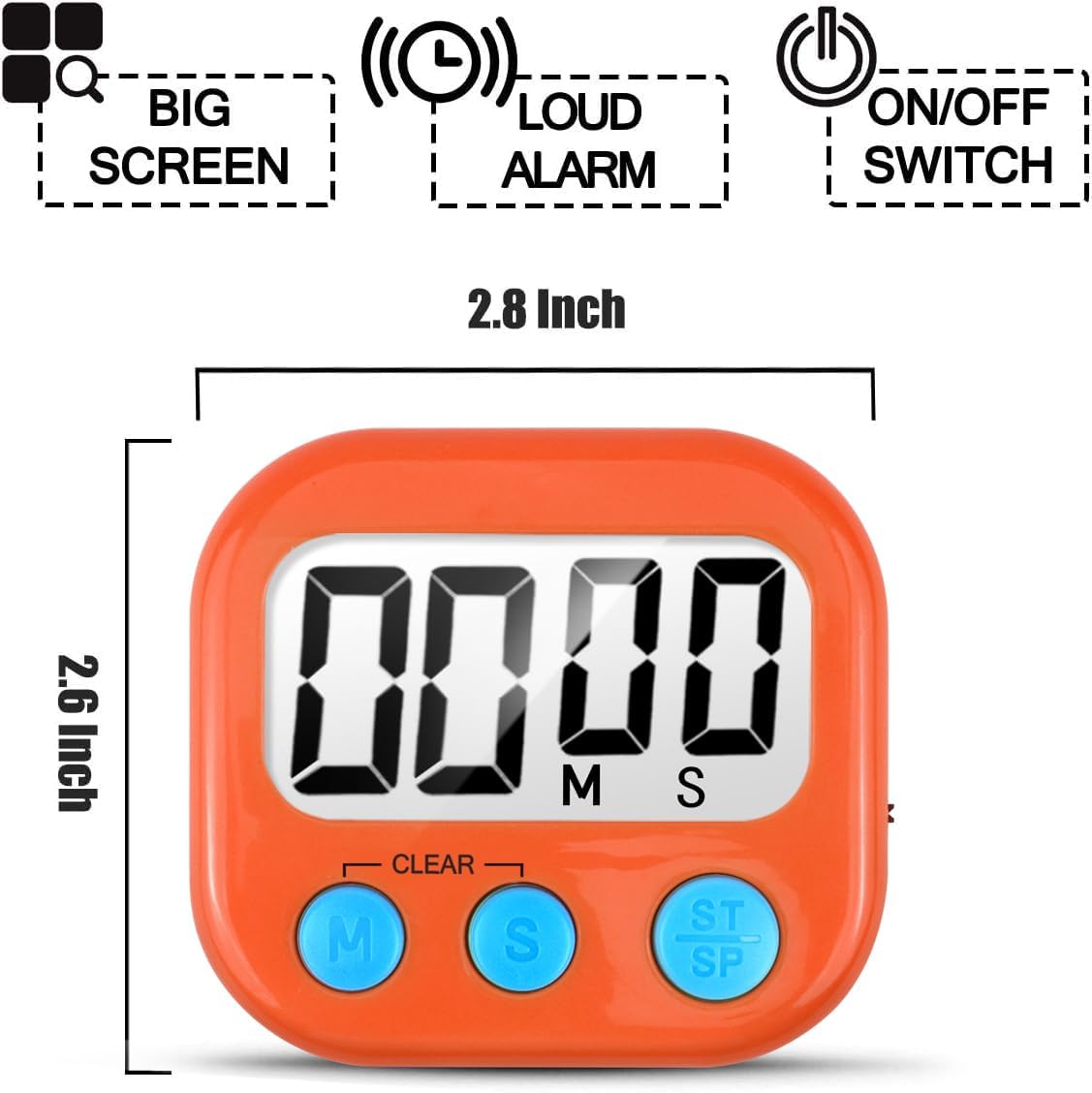 2 Pack Digital Kitchen Timer for Cooking Big Digits Loud Alarm Magnetic Backing Stand Cooking Timers for Baking White