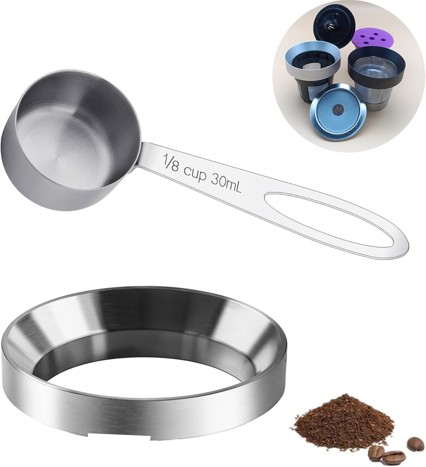 Reusable K Cup Refill Kit, 304 Stainless Steel 30ML Coffee Scoop & Aluminum Dosing Funnel, Fits Keurig 1.0 & 2.0 Reusable Metal/Plastic K-Cups Silver