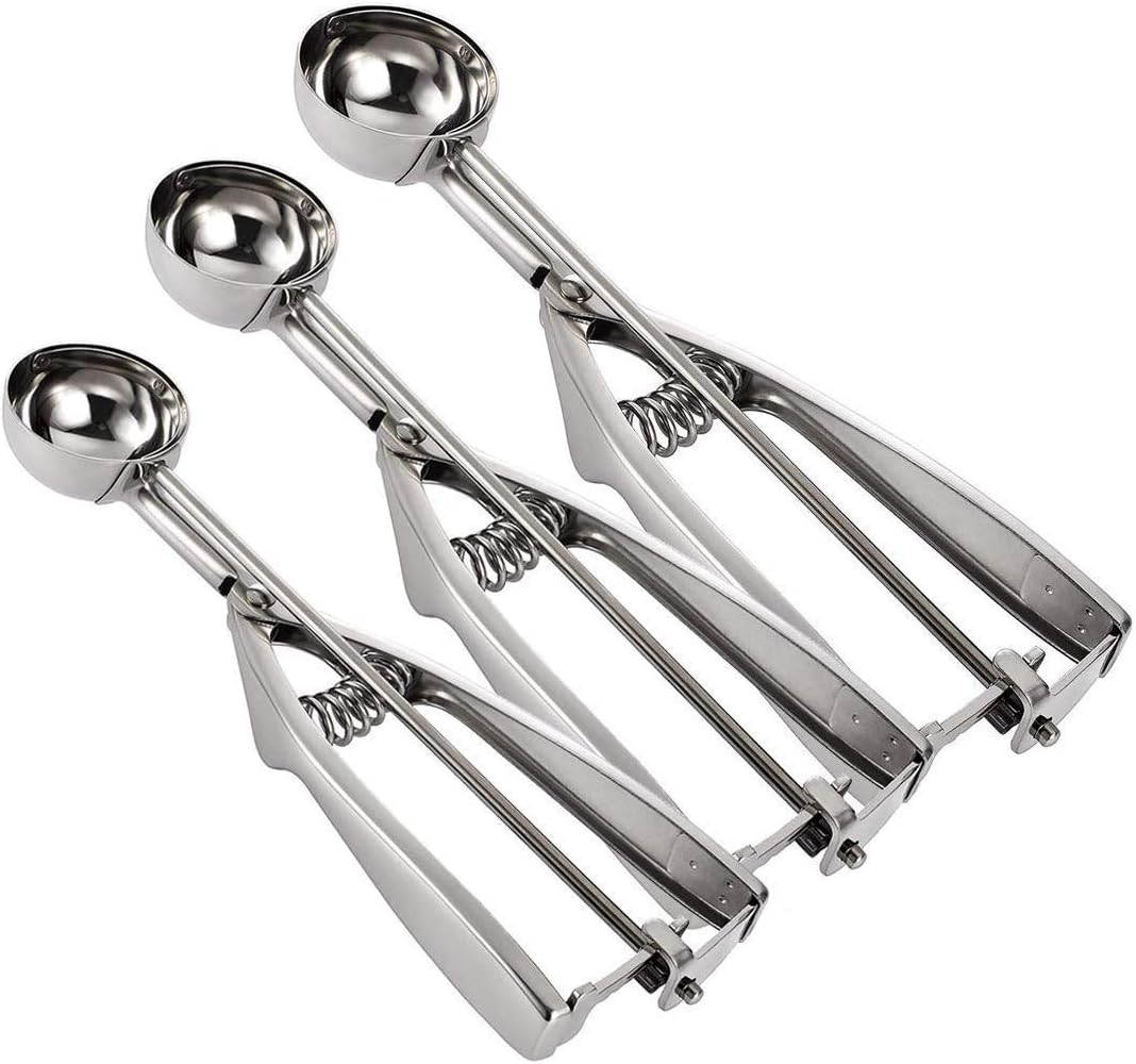 Ice Cream Scoop Set, Steel Ice Cream Scoop, Cookie Dough Metal Cupcake spoons Include Large-Medium-Small Sizes Balls for Ice Cream, Cupcake, Muffin (3 PCS)