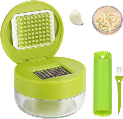 Ptwola Garlic Presses Garlics Chopper Stainless Steel Garlics Mincer Crusher Mini Can Garlic Press Dicer Storage Container with Silicone Peeler and Small Brush for Home Camping Kitchen Tool