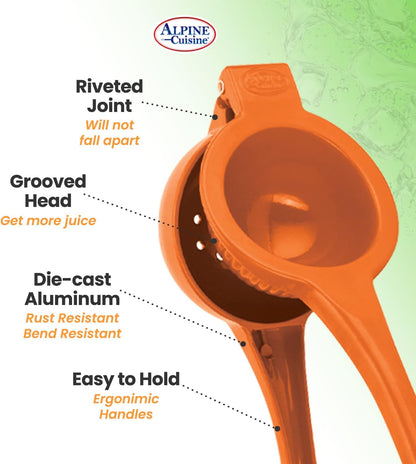 Alpine Cuisine Orange Squeezer with hook - Handheld Aluminum Citrus Juicer, Manual Citrus Juicer press, Orange & Lemon Press - Kitchen Tools and Gadgets for Making Fresh Juice - 9.1 x 3.5 Inches