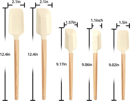 Wooden Handle Silicone Rubber Spatula Set 5 Piece for Kitchen Baking, Jars,Cooking, and Mixing High Heat Resistant Non Stick Dishwasher Safe BPA-Free (Pink)