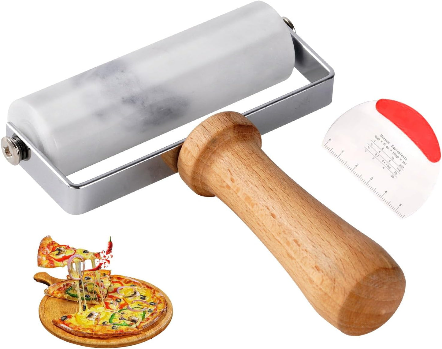 Small Marble Rolling Pin Pizza Roller with Dough Scraper Cutter, Marble Roller Non-Stick T-Type, For Cake Baking Tortilla Fudge Pizza Cookies and Other Kitchen Baking Cooking(White)