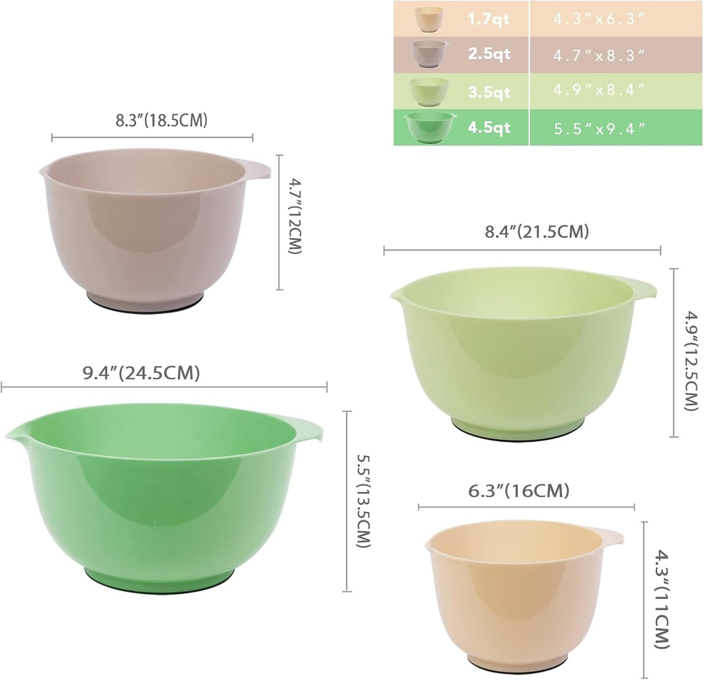 BoxedHome Green Ombre Nesting Plastic Mixing Bowl Set With Pour Spout, Microwave and Dishwasher Safe, BPA free Non-Slip Base, Set of 4 Size 1.7, 2.5, 3.5 and 4.5qt, Great for Prepping, Baking, Cooking