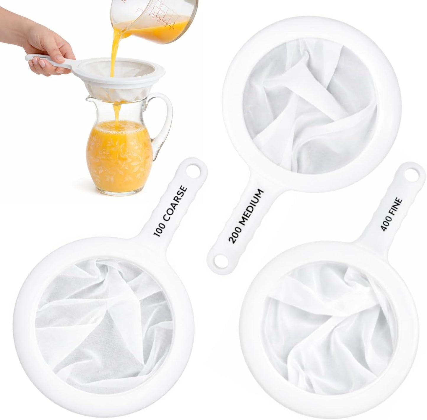 HIC Kitchen Double-Ear Fine Mesh Strainers, BPA Free, Set of 4 Sizes Includes 3, 4, 5.5, and 7-Inch Diameter