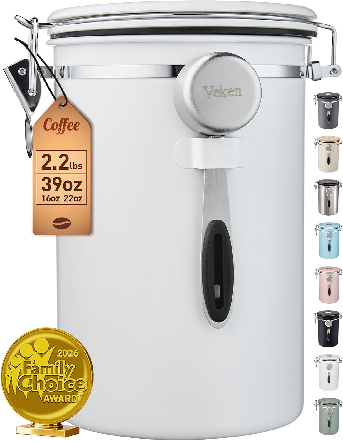 Veken Coffee Canister, Airtight Stainless Steel Kitchen Food Storage Container with Date Tracker and Scoop for Beans, Grounds, Tea, Flour, Cereal, Sugar, Cookie, 16OZ, Cream