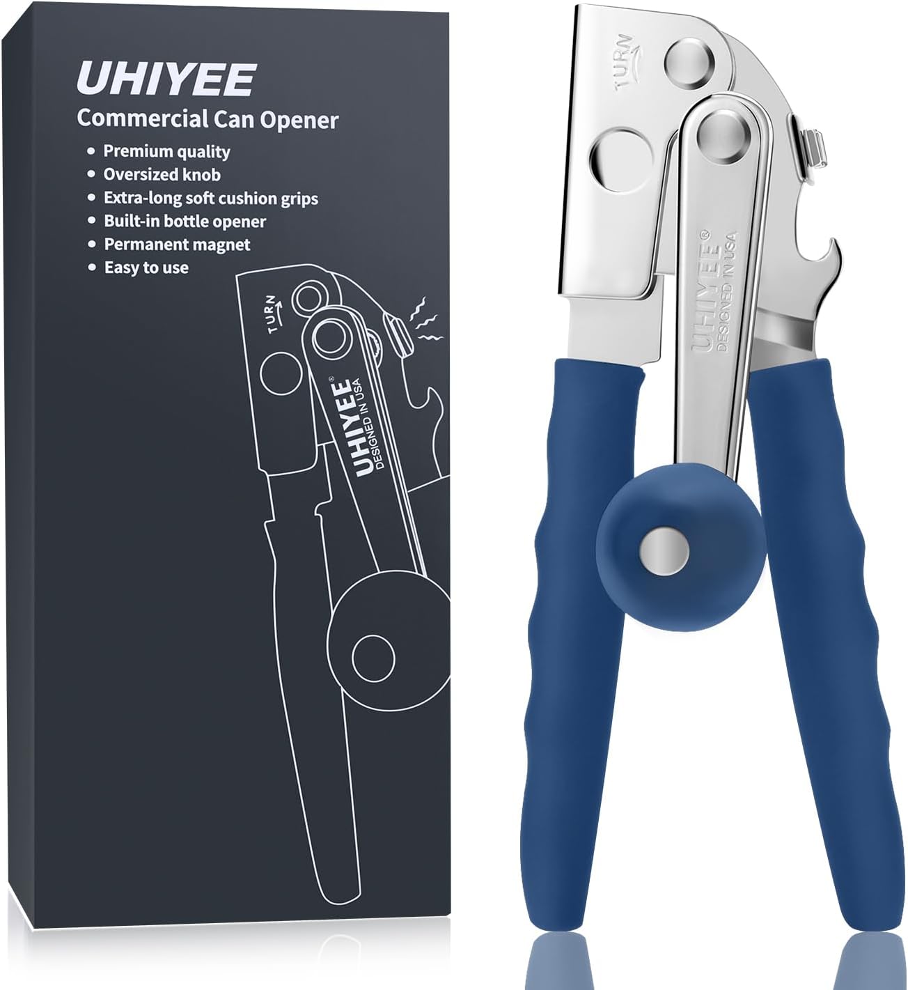 Commercial Can Opener, UHIYEE Hand Crank Can Opener Manual Heavy Duty with Comfortable Extra-long Handles, Oversized Knob, Large Handheld Can Open Easy for Big Cans, Black