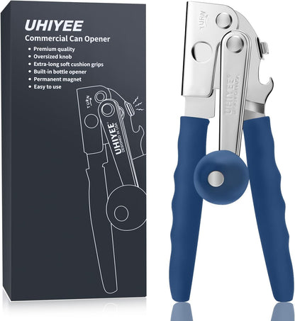 Commercial Can Opener, UHIYEE Hand Crank Can Opener Manual Heavy Duty with Comfortable Extra-long Handles, Oversized Knob, Large Handheld Can Open Easy for Big Cans, Black