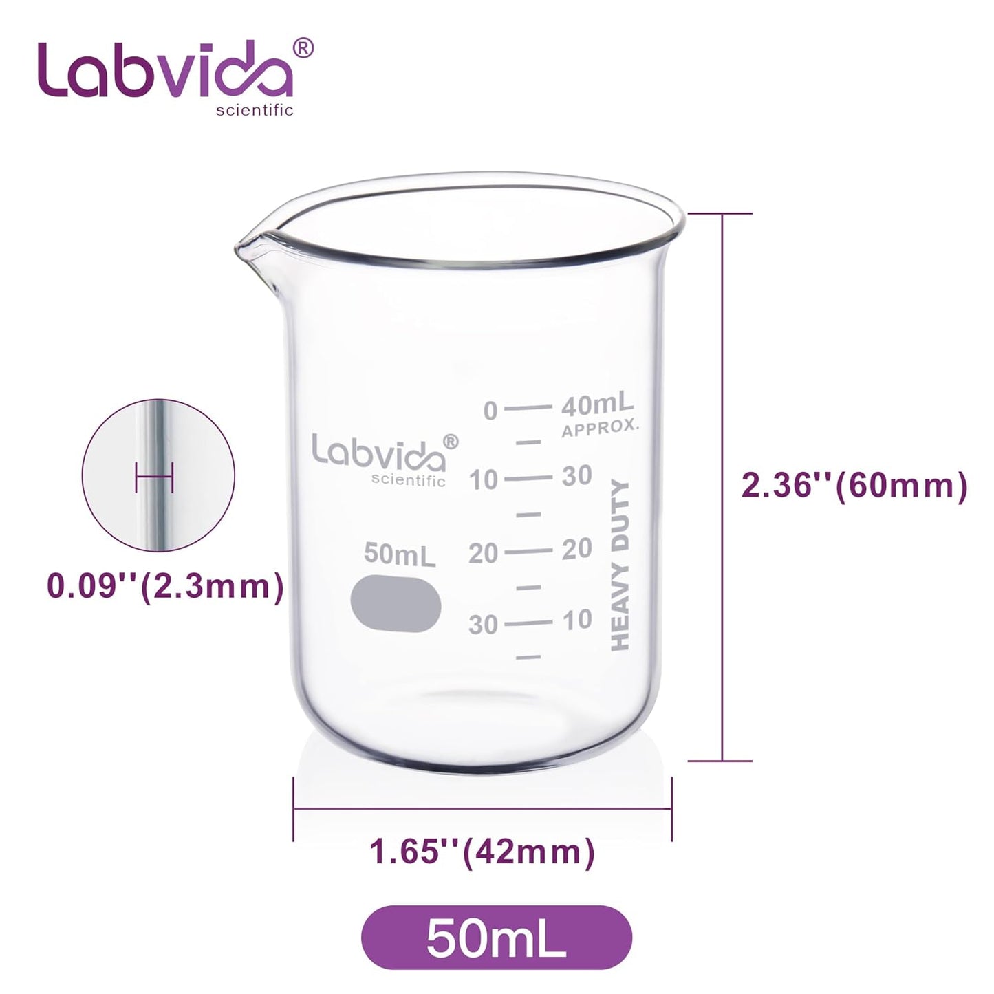 Upgrated 6 Size Low Form Glass Beaker Set, 25ml 50ml 100ml 250ml 500ml 1000ml, 3.3 Boro Glass beakers with Printed Graduation, LVA019