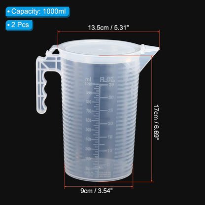 PATIKIL Graduated Beaker, 2 Pack 100ml PP Plastic Liquid Measuring Cup Double Sided Black Graduations with Handle Lid and Spout for Lab Kitchen Home