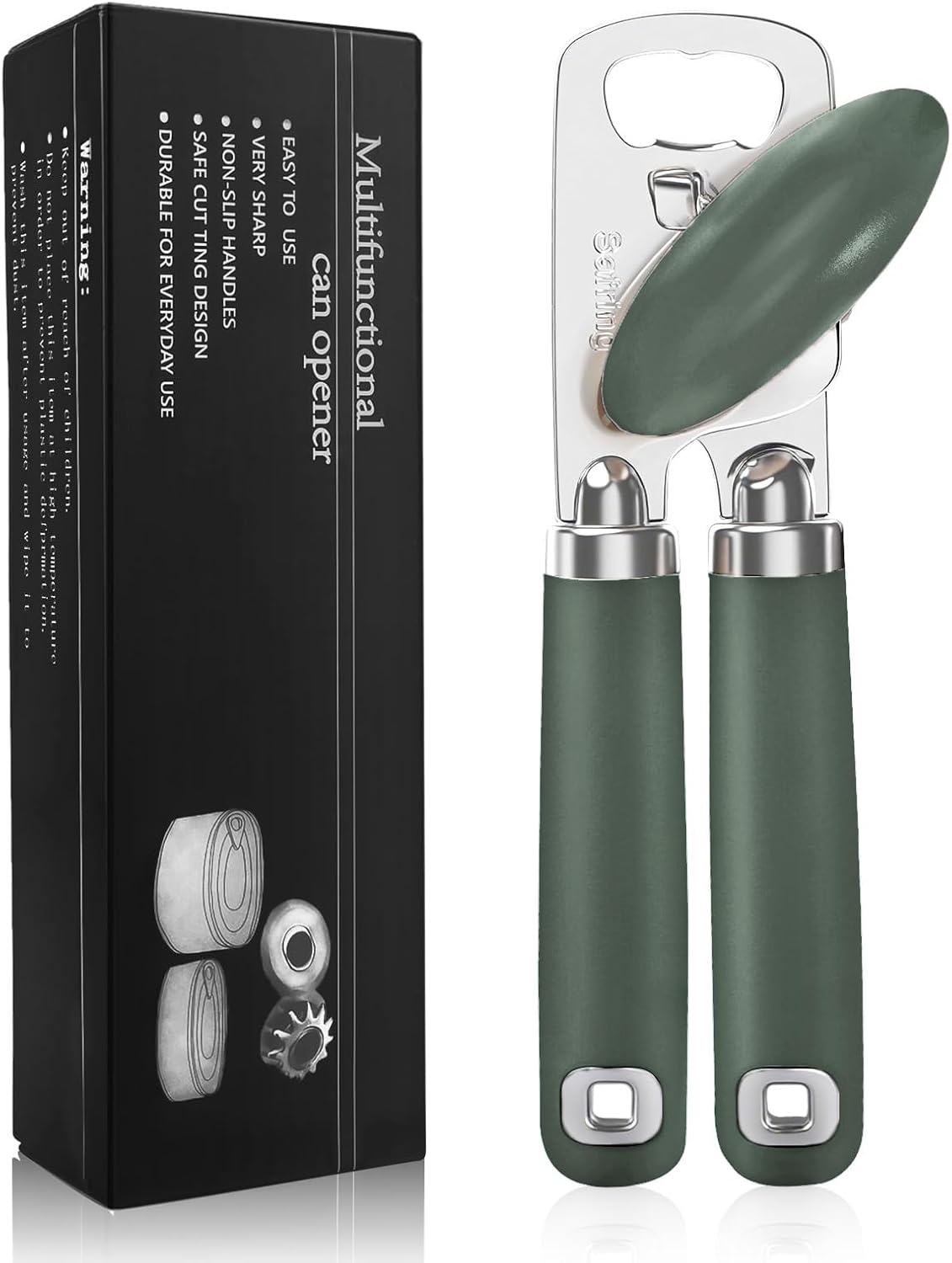 Safring Can Opener Manual, Heavy Duty Stainless Steel Smooth Edge Can Openers With Soft Touch Handle, Oversized Handheld Easy Turn Knob, Multi-Function Bottle Opener, Black