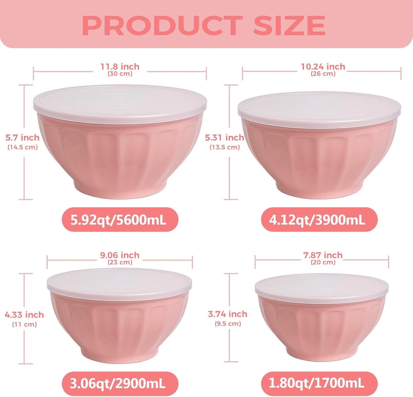 BoxedHome BPA Free Plastic Round Mixing Bowl with Lids, 12 Pack Nesting Bowls with Lids Set, Microwave and Dishwasher Safe Prep & Serving Bowls Great for Mixing, Baking, Serving (Pink, 12pcs)