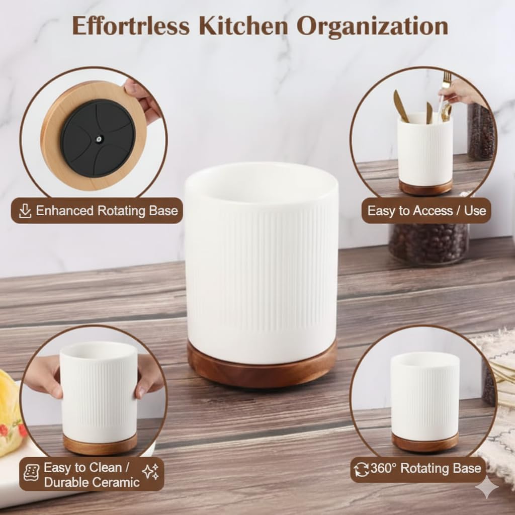Utensil Holder, 360° Rotating Extra Large Ceramic Kitchen Utensil Holder for Countertop 7.3“ Cooking Utensil Crocks for Kitchen Counter with Rotatable Wooden Base, Farmhouse Decor, White