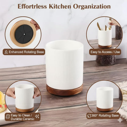 Utensil Holder, 360° Rotating Extra Large Ceramic Kitchen Utensil Holder for Countertop 7.3“ Cooking Utensil Crocks for Kitchen Counter with Rotatable Wooden Base, Farmhouse Decor, White