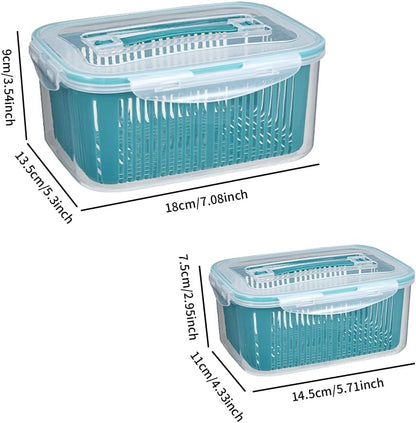 2 Pack Fruit Storage Containers for Fridge,Stackable Fresh Food Produce Saver Containers with Removable Colander, Vegetable Lettuce Keeper Bowl(Blue)