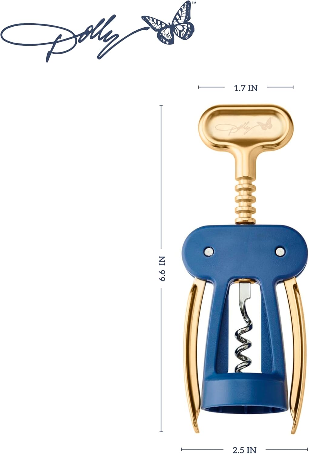 Dolly Parton Wing Corkscrew, Blue and Gold Wine Bottle Opener with Ergonomic Grip, Stylish and Easy One-Piece Cork Removal, 2.55 x 1.71 x 6.69 Inch