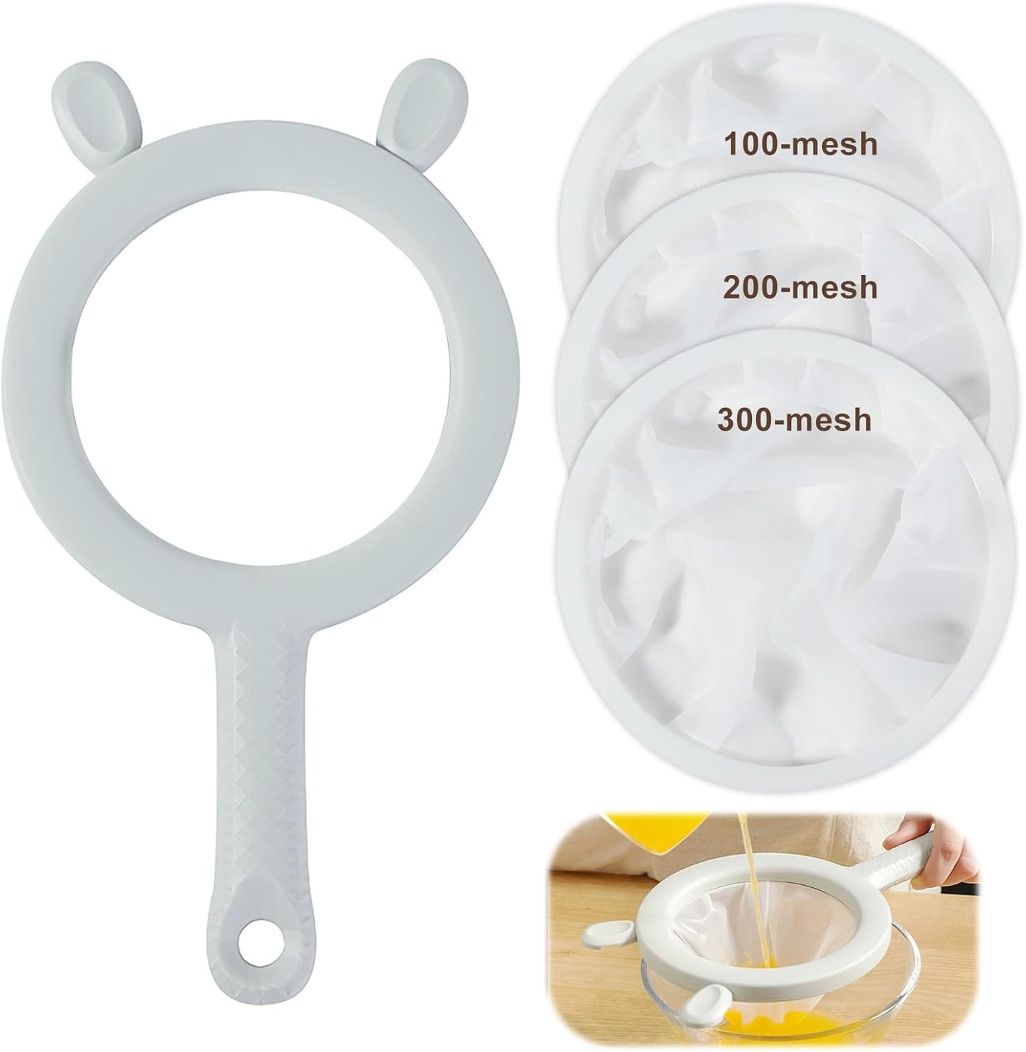 3-in-1 Fine Mesh Filter Kit with Detachable Sieve, 100/200/300 Mesh Filter with Grey Handle, Interchangeable Nylon Filter for Coffee, Tea, Nuts, Milk Juice, Fine Mesh Food Grade PP Frame（Grey）