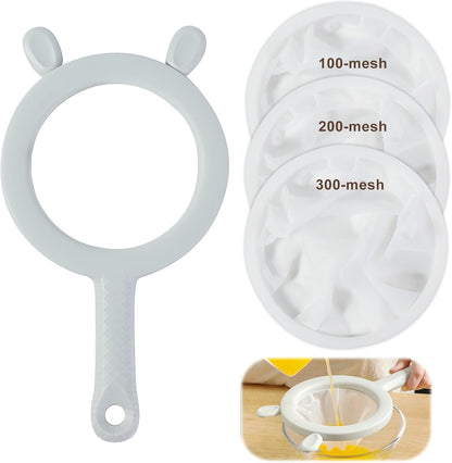 3-in-1 Fine Mesh Filter Kit with Detachable Sieve, 100/200/300 Mesh Filter with Grey Handle, Interchangeable Nylon Filter for Coffee, Tea, Nuts, Milk Juice, Fine Mesh Food Grade PP Frame（Grey）