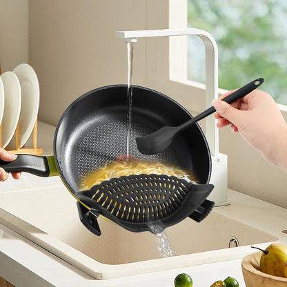 Clip on Strainer with Scraper,Silicone Strainer for Pots and Pans Adjustable Pasta Colander for Meat Vegetables Fruit Universal Fit For All Utensils(COLOR:black)