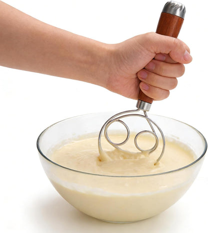 PRETYZOOM Danish Dough Whisk Stainless Steel Bread Mixing Tool with Wooden Handle for Sourdough Baking and Kitchen Cooking