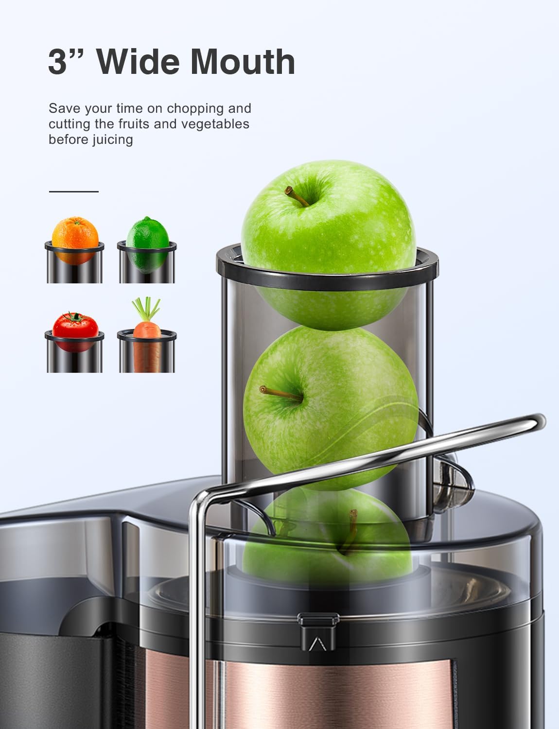 Qcen Juicer Machine, 500W Centrifugal Juicer Extractor with Wide Mouth 3” Feed Chute for Fruit Vegetable, Easy to Clean, Stainless Steel, BPA-free (Black)