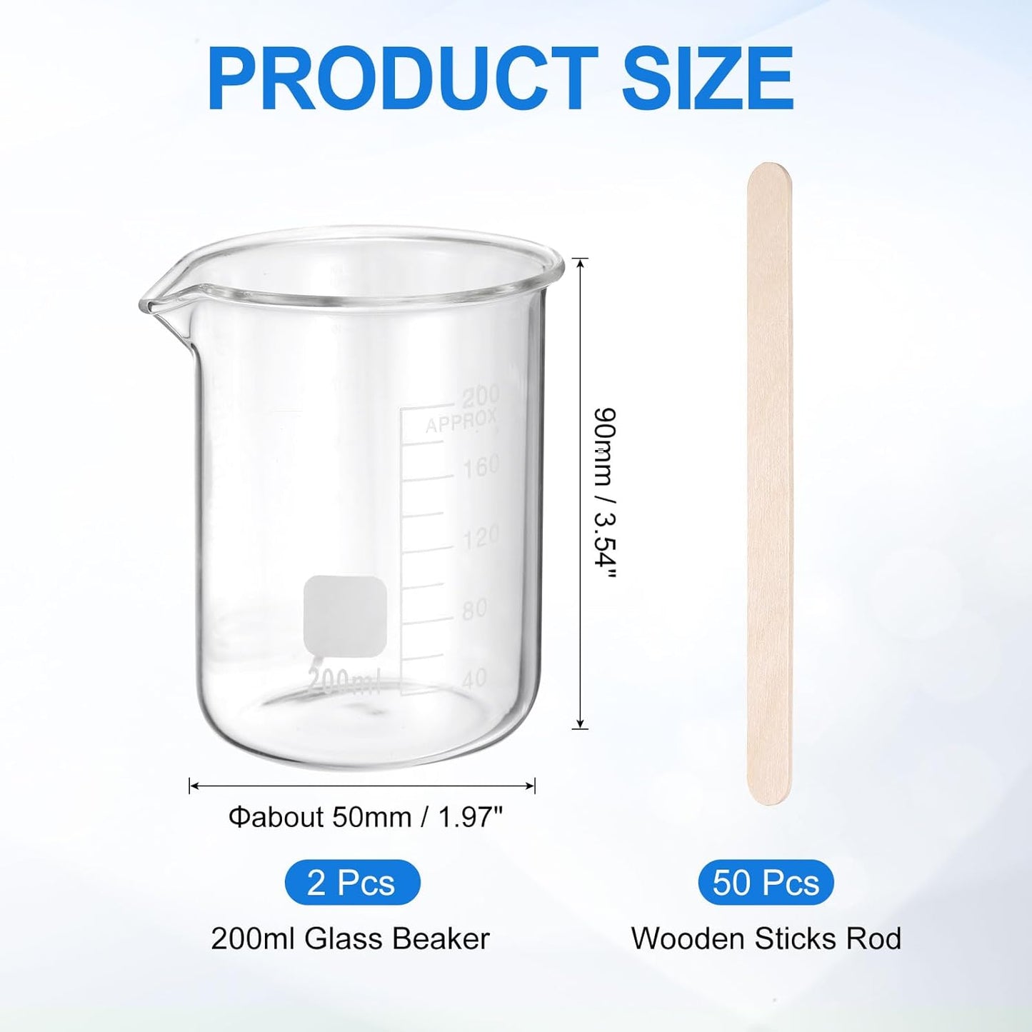 PATIKIL 250ml Glass Beaker, 2 Pack Measuring Glass Beaker Graduated Borosilicate Lab Cups Mug Low Form Heat Safe Transparent with 50pcs Wood Sticks for Laboratory Science Kitchen Liquids